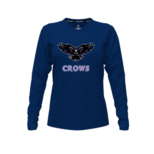 [CUS-DFW-TEES-CMF-VNK-LSL-NVY-FYXS-LOGO3] Decker Comfort T-Shirt (Female Youth XS, Navy, V Neck, Logo 3, Long Sleeve)